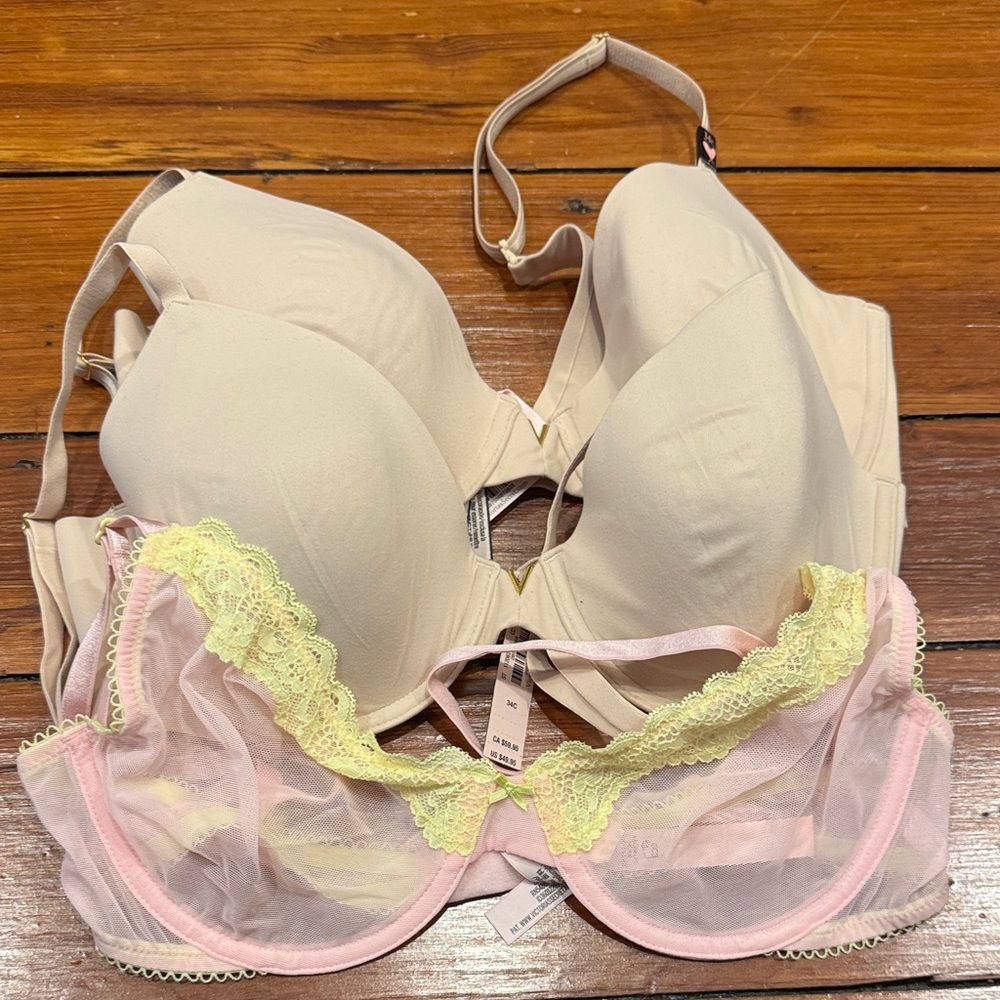 3 nwt Victoria's Secret Pink and Cream Lace Bra Set
